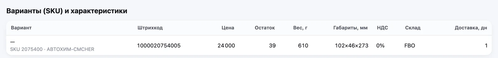Tovar variantlari jadvali: shtrixkod, narx, qoldiq, vazn, oʻlcham, QQS, ombor, yetkazib berish muddati